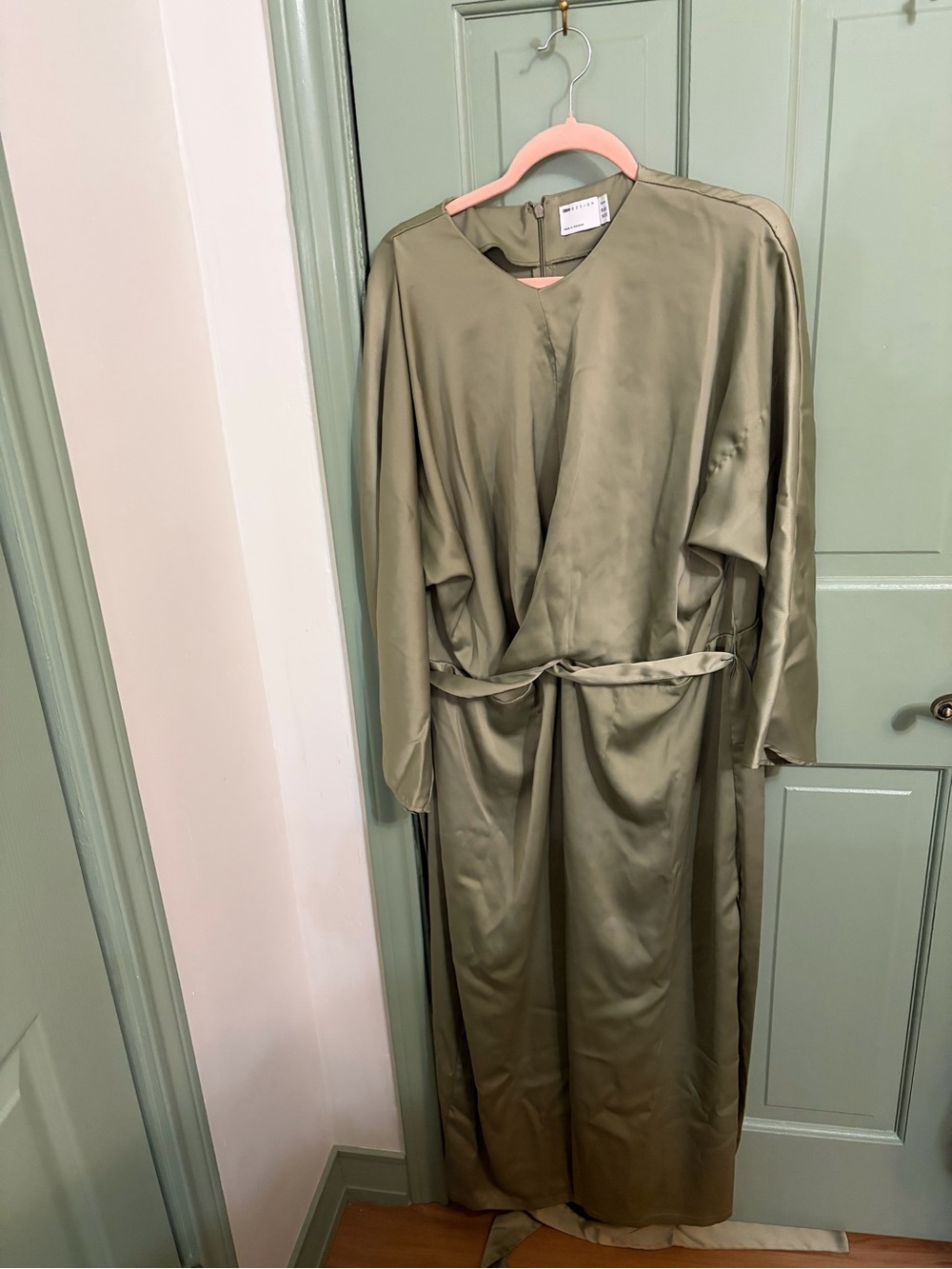 ASOS Curve Olive Green Satin Long Sleeve Wrap Dress